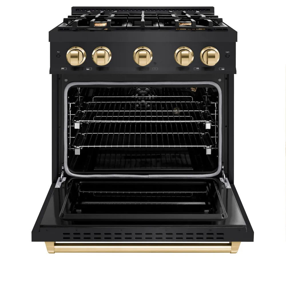 ZLINE Autograph Edition Classic 30-inch range in black stainless steel and polished gold accents CGRBZ-30-G, front view