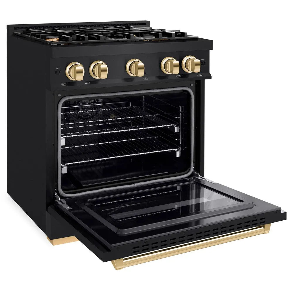 ZLINE Autograph Edition Classic 30-inch range in black stainless steel and polished gold accents CGRBZ-30-G, door open