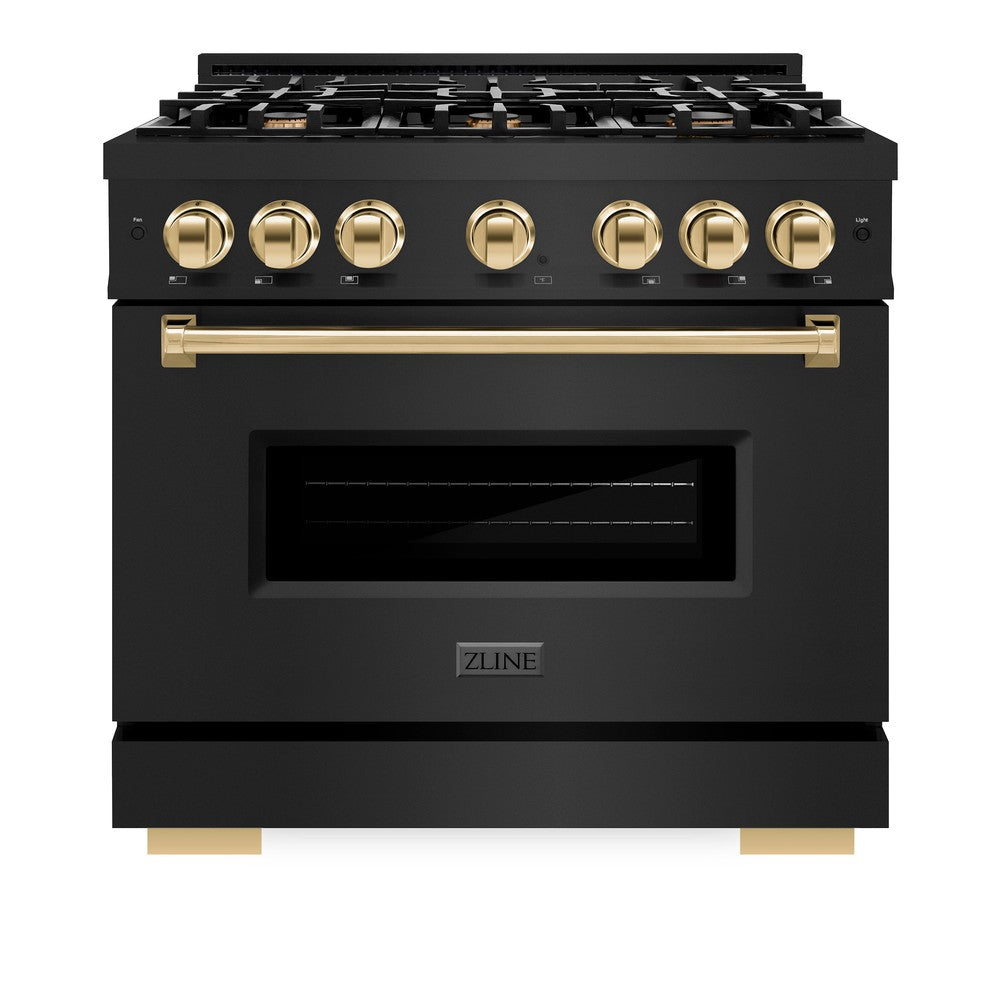 ZLINE Autograph Edition Classic 36-inch range in black stainless steel and polished gold accents CGRBZ-36-G, front view