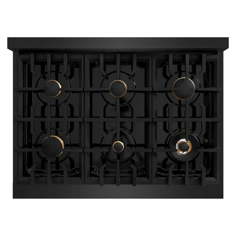ZLINE Autograph Edition Classic 36-inch range in black stainless steel and polished gold accents CGRBZ-36-G, from above