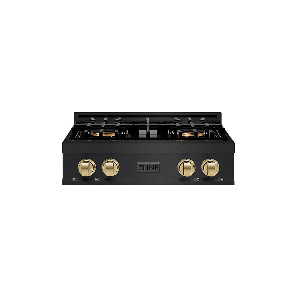 ZLINE Autograph Edition Classic 30-inch rangetop in black stainless steel and champagne bronze accents PCRTBZ-30-CB, front view
