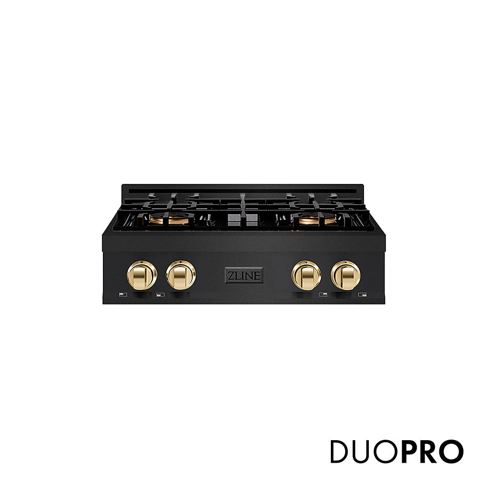 ZLINE Autograph Edition Classic 30-inch rangetop in black stainless steel and polished gold accents PCRTBZ-30-G