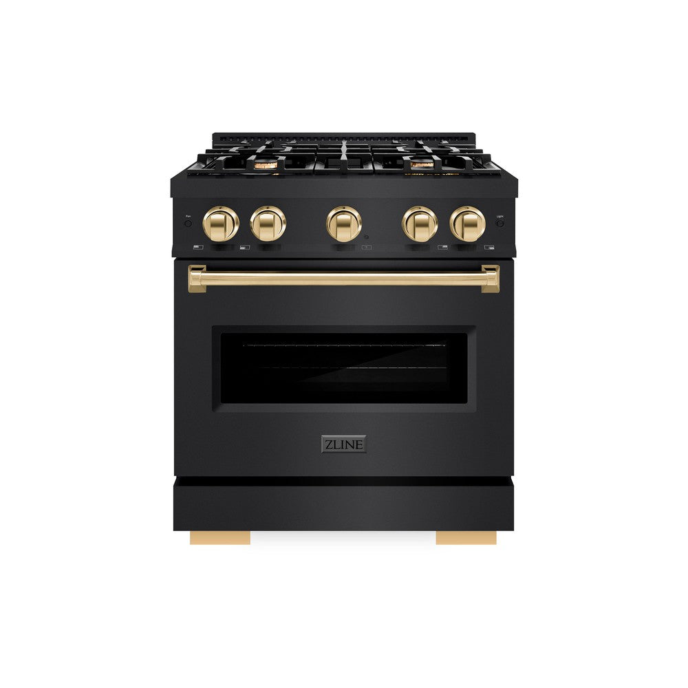 ZLINE Autograph Edition Classic 30-inch range in black stainless steel and polished gold accents CDRBZ-30-G, front view