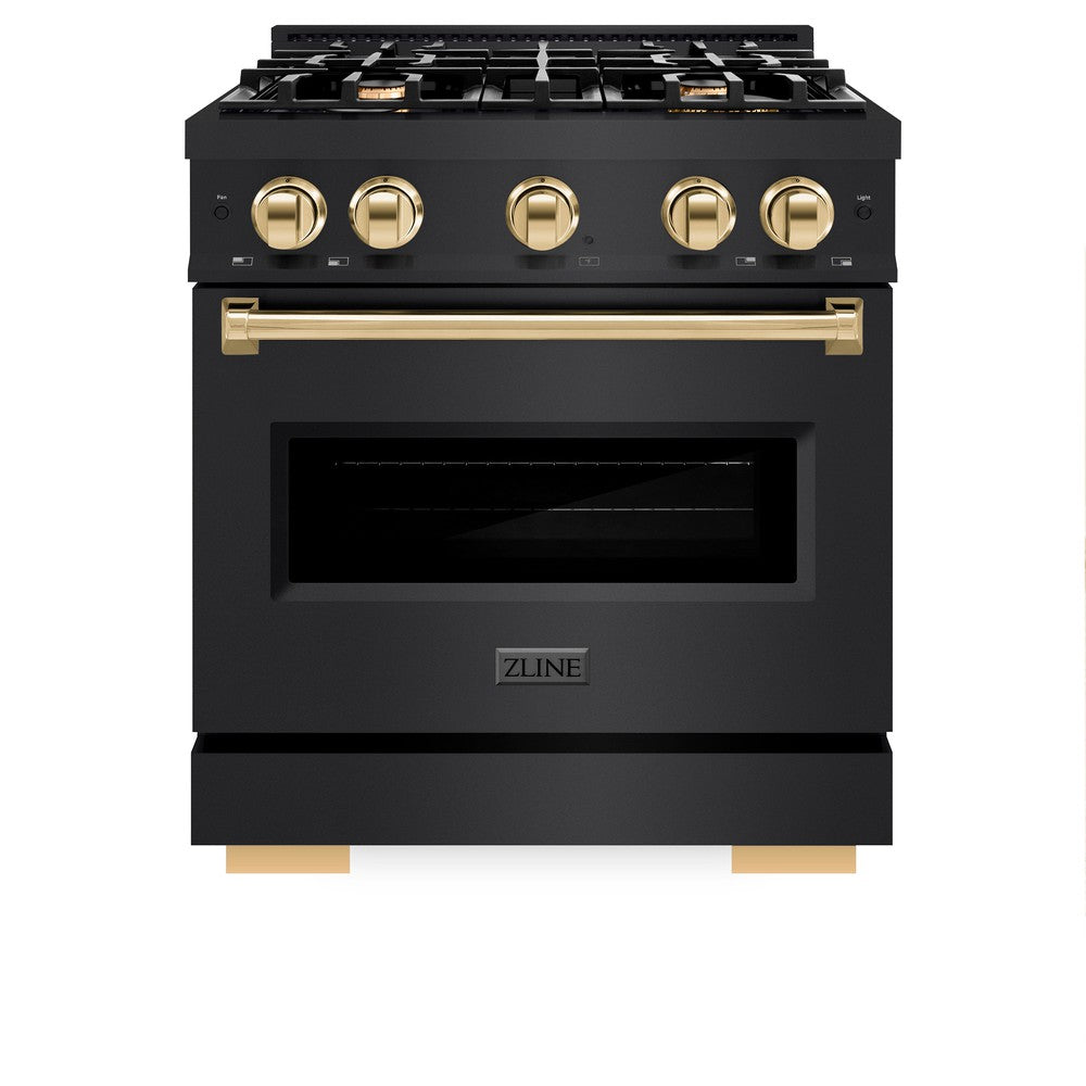 ZLINE Autograph Edition Classic 30-inch range in black stainless steel and polished gold accents CDRBZ-30-G, front view
