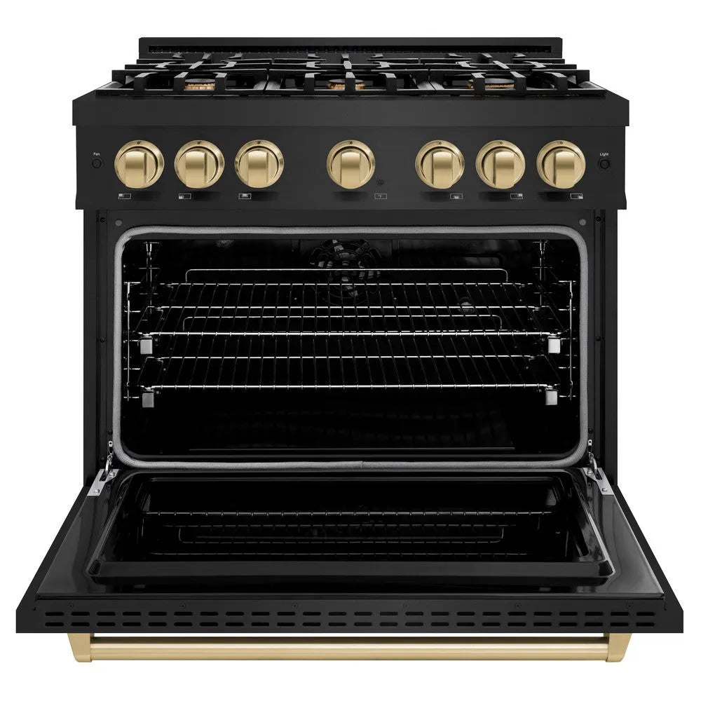 ZLINE Autograph Edition Classic 36-inch range in black stainless steel and champagne bronze accents CDRBZ-36-CB, front view
