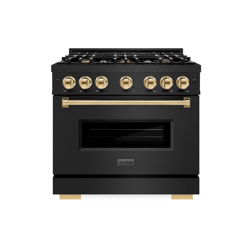 ZLINE Autograph Edition Classic 36-inch range in black stainless steel and polished gold accents CDRBZ-36-G, front view