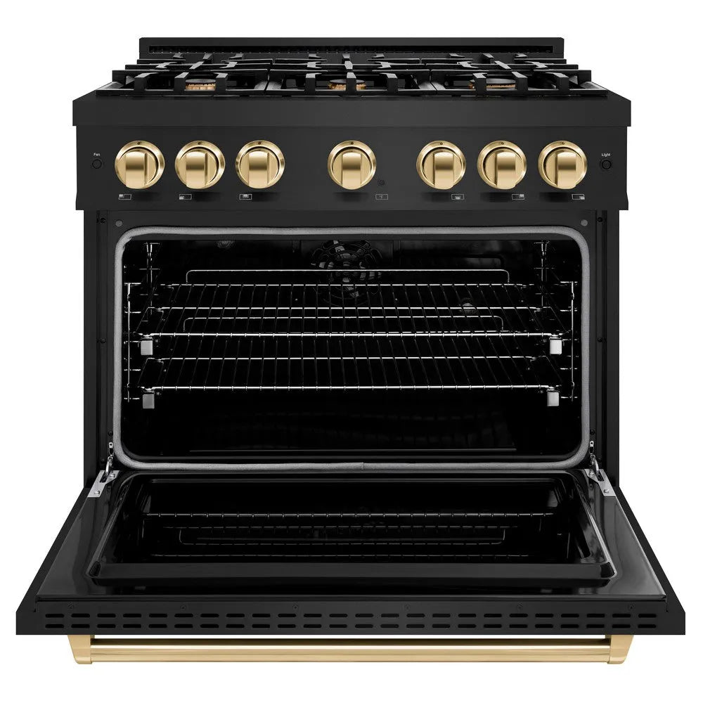 ZLINE Autograph Edition Classic 36-inch range in black stainless steel and polished gold accents CDRBZ-36-G, front view
