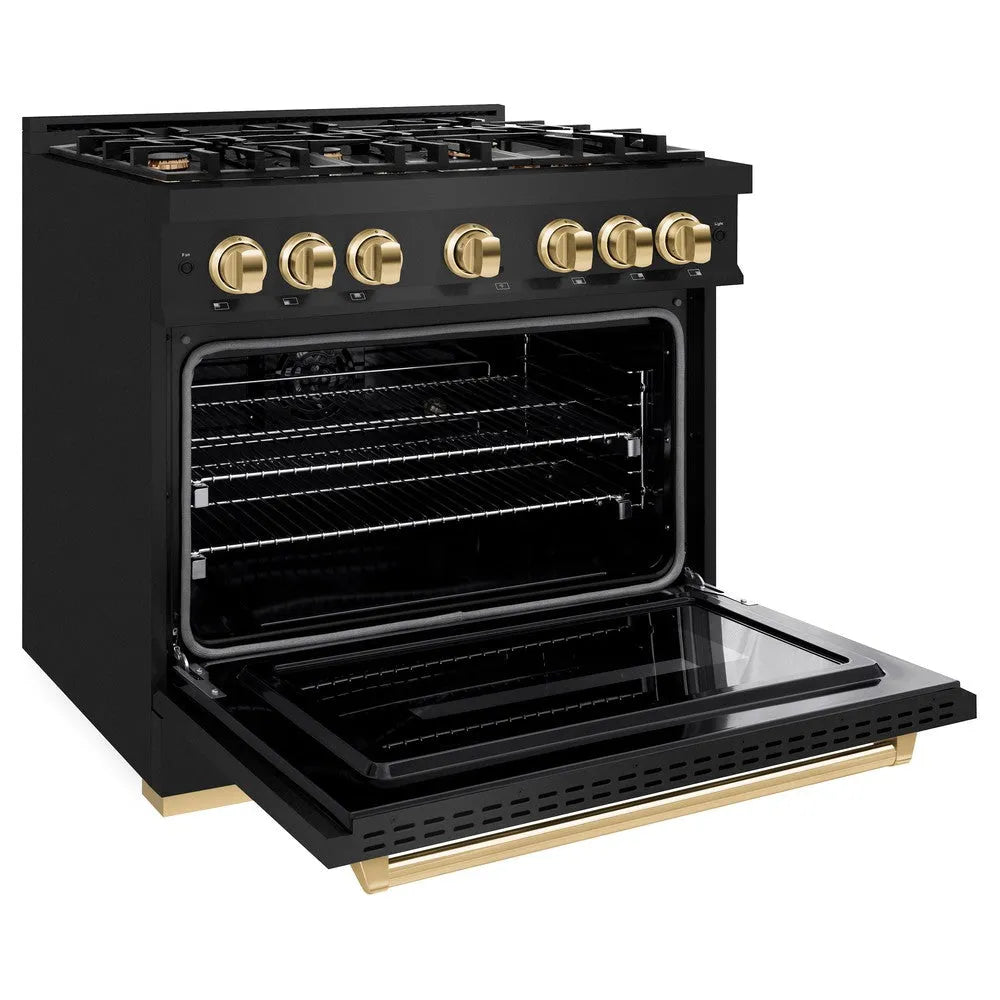 ZLINE Autograph Edition Classic 36-inch range in black stainless steel and polished gold accents CDRBZ-36-G, door open