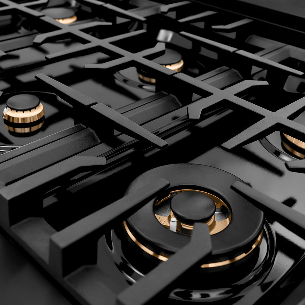 ZLINE Autograph Edition Classic 48-inch rangetop in black stainless steel and polished gold accents RTBZ-48-G, from above