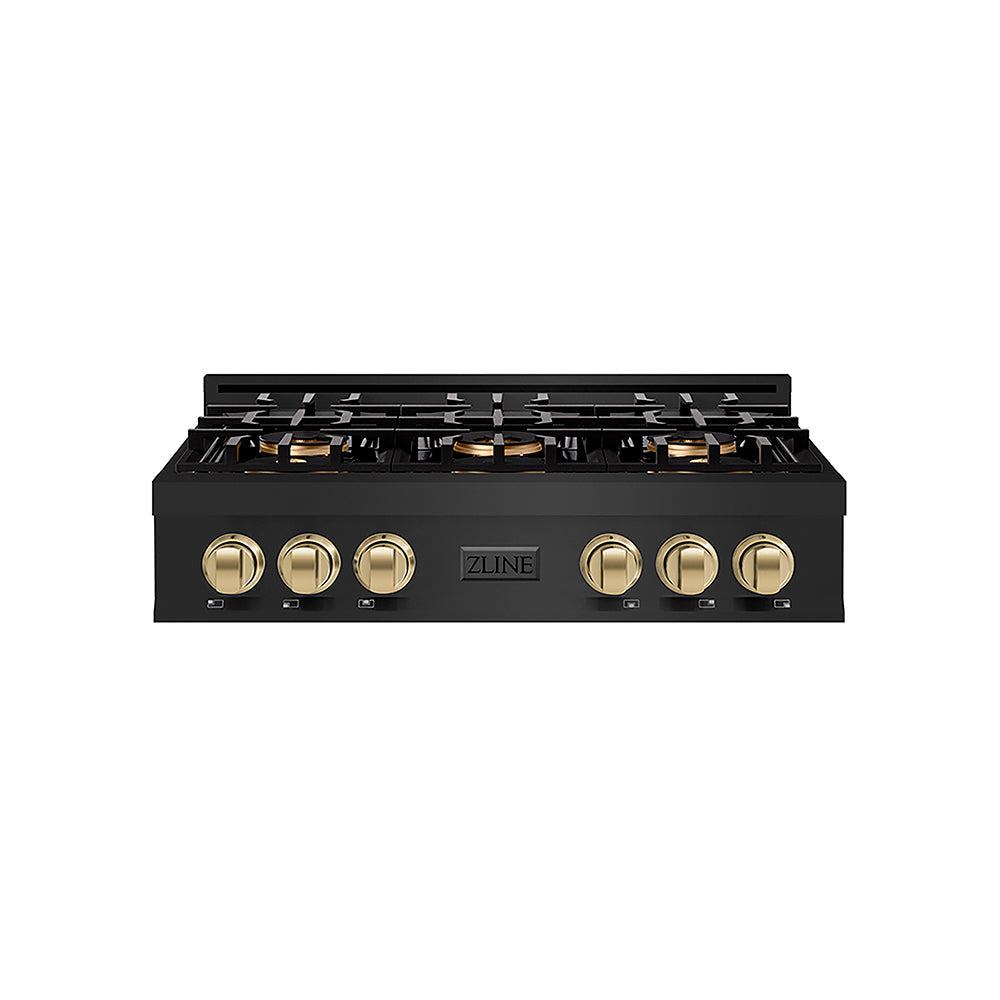 ZLINE Autograph Edition Classic 36-inch rangetop in black stainless steel and champagne bronze accents PCRTBZ-36-CB, front view
