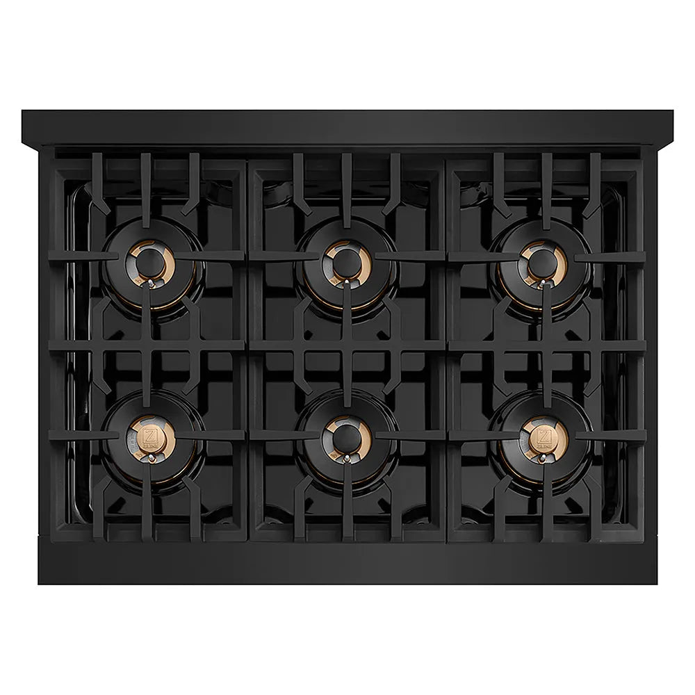 ZLINE Autograph Edition Classic 36-inch rangetop in black stainless steel and champagne bronze accents PCRTBZ-36-CB, from above