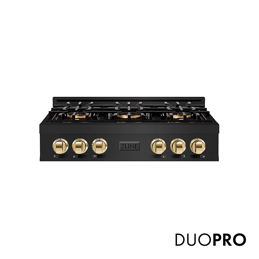 ZLINE Autograph Edition Classic 36-inch rangetop in black stainless steel and polished gold accents PCRTBZ-36-G