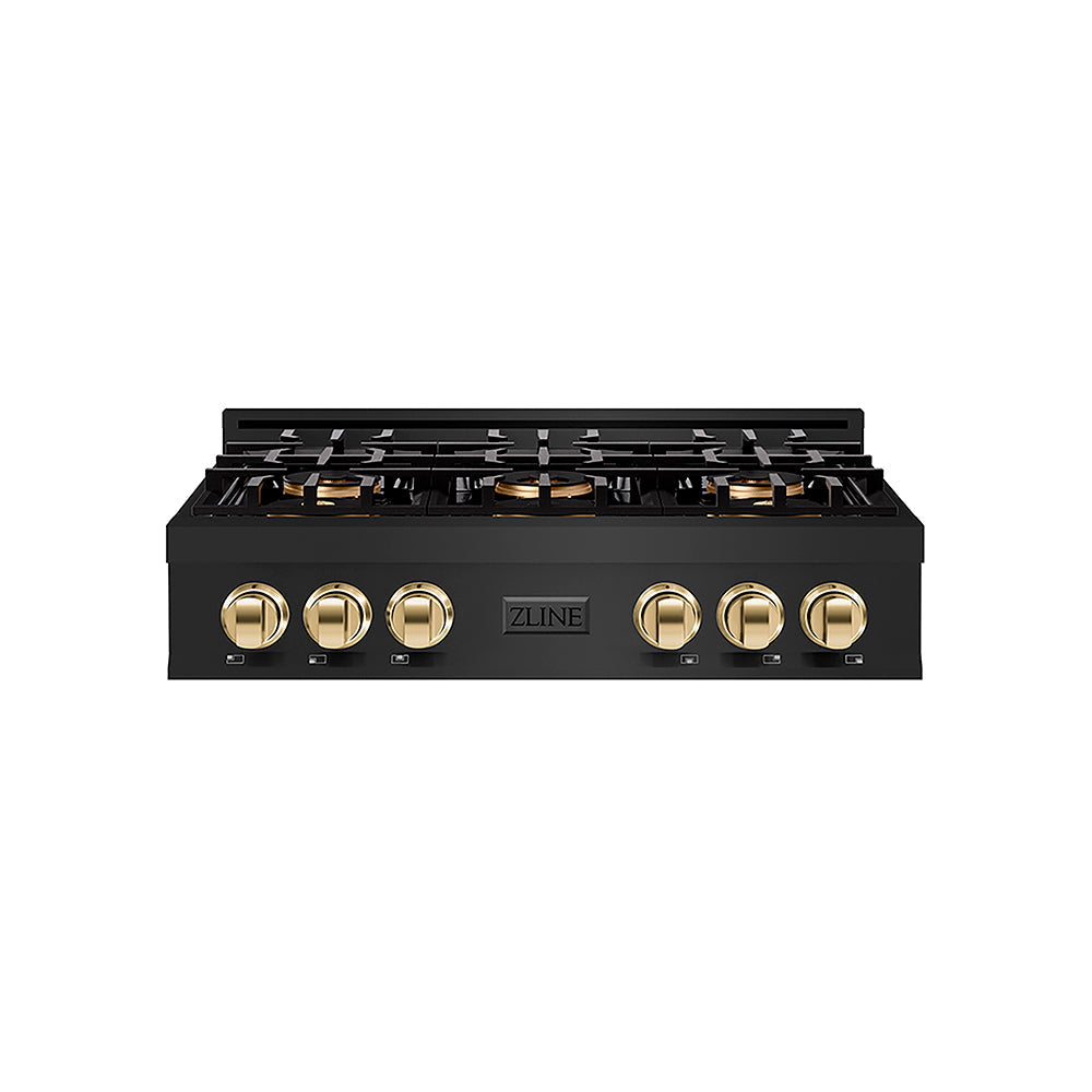ZLINE Autograph Edition Classic 36-inch rangetop in black stainless steel and polished gold accents PCRTBZ-36-G, front view