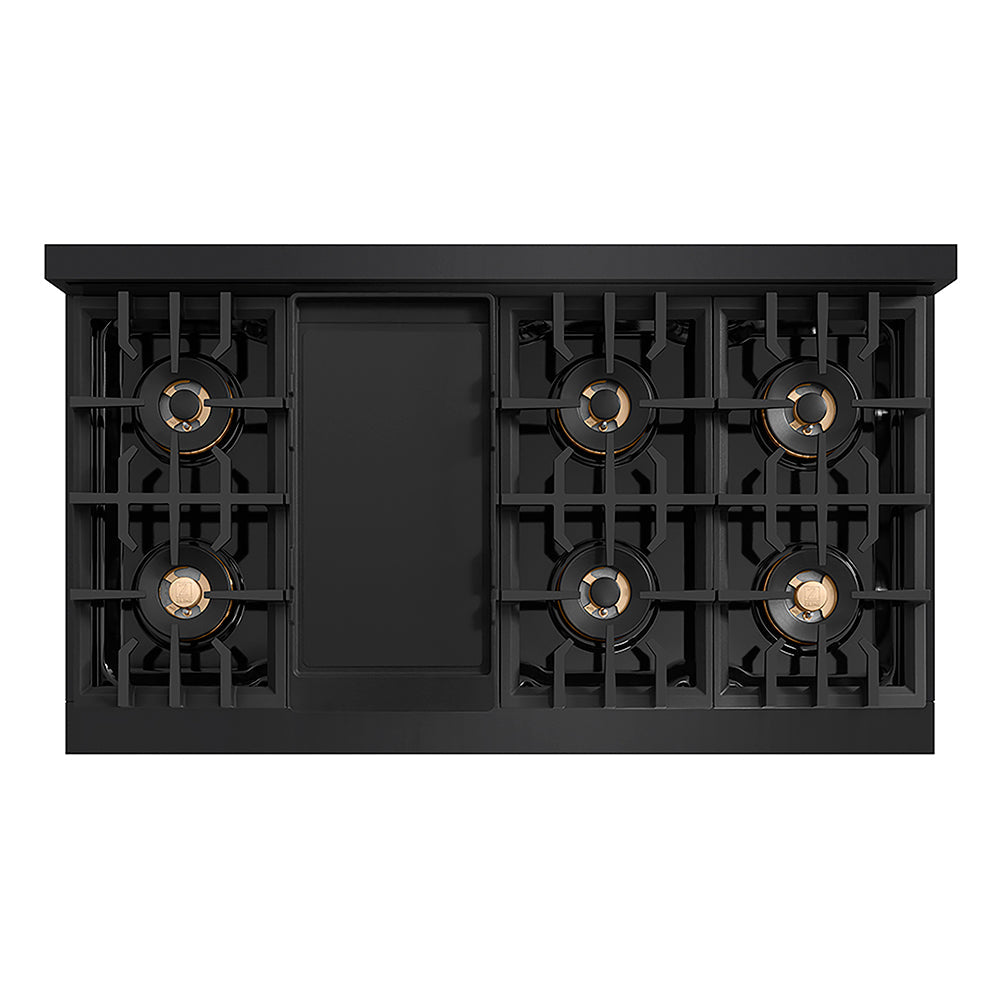 ZLINE Autograph Edition Classic 48-inch rangetop in black stainless steel and champagne bronze accents PCRTBZ-48-CB, from above