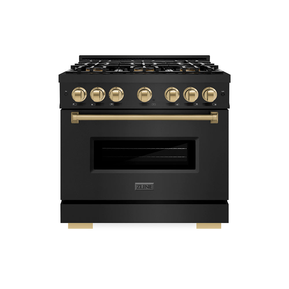 ZLINE Autograph Edition Classic 36-inch range in black stainless steel and champagne bronze accents PCDRBZ-36-CB, front view