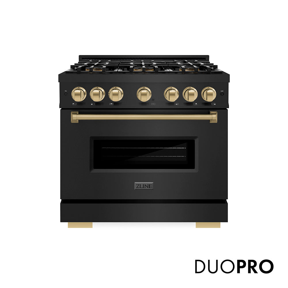 ZLINE Autograph Edition Classic 36-inch range in black stainless steel and champagne bronze accents PCGRBZ-36-CB