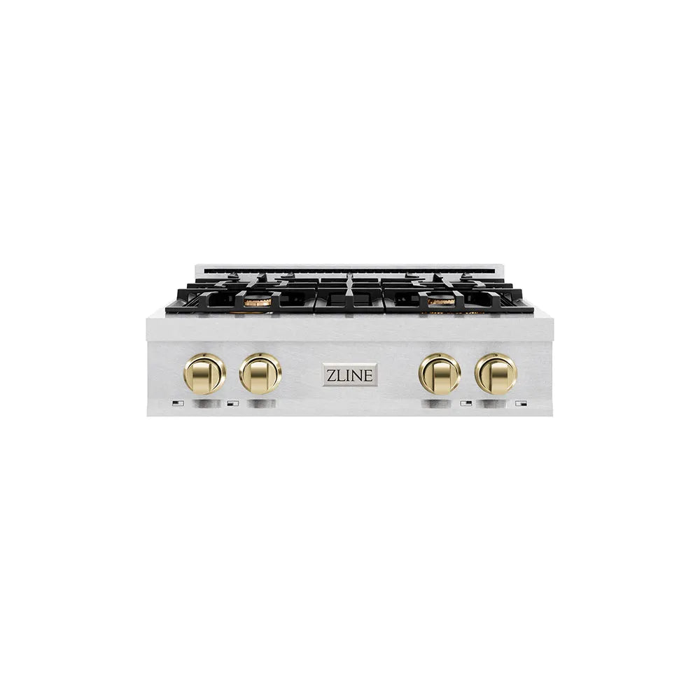ZLINE Autograph Edition Classic 30-inch rangetop in satin stainless steel and polished gold accents RTSZ-30-G