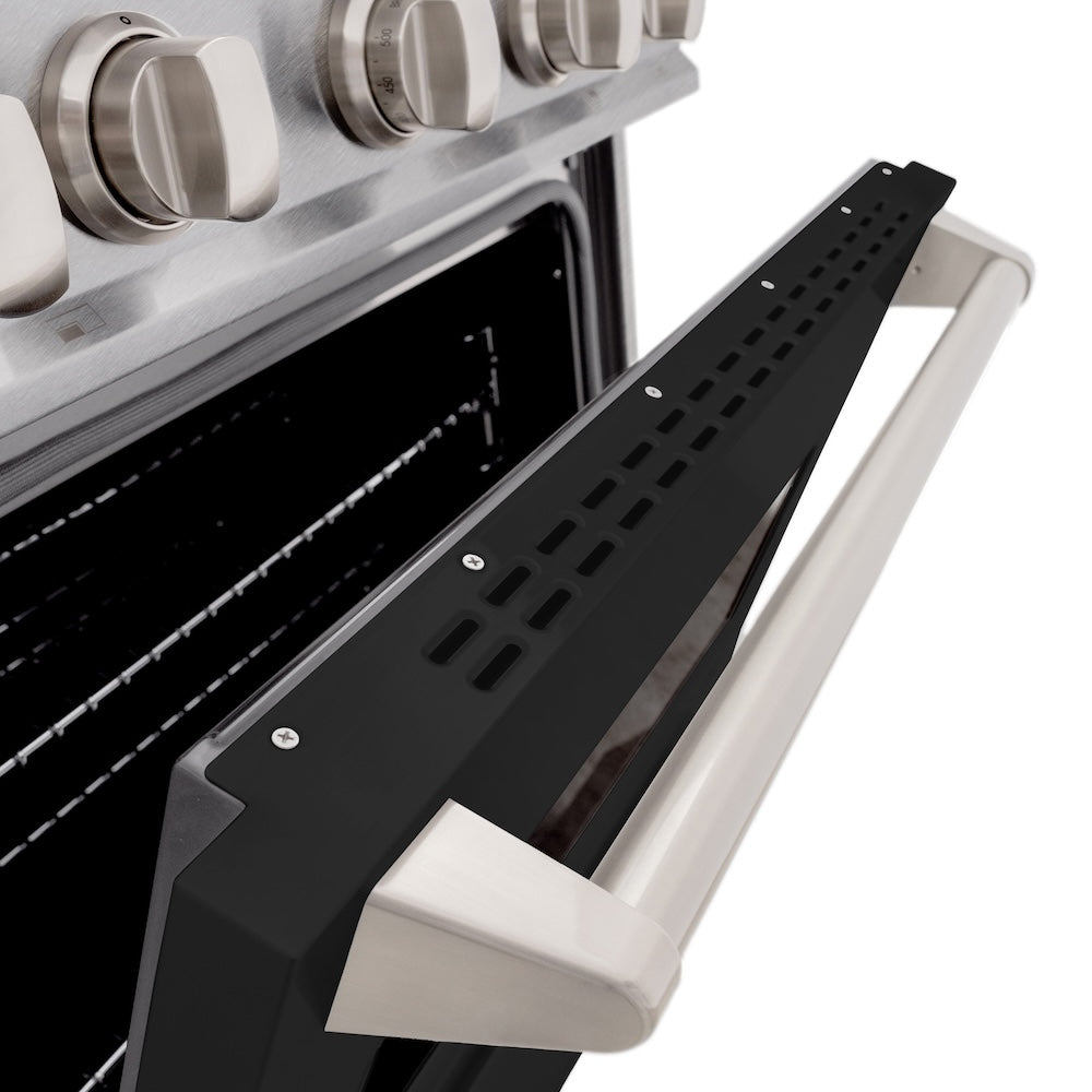 ZLINE Classic 30-inch range in satin stainless steel with black matte door CDRS-BLM-30, detail