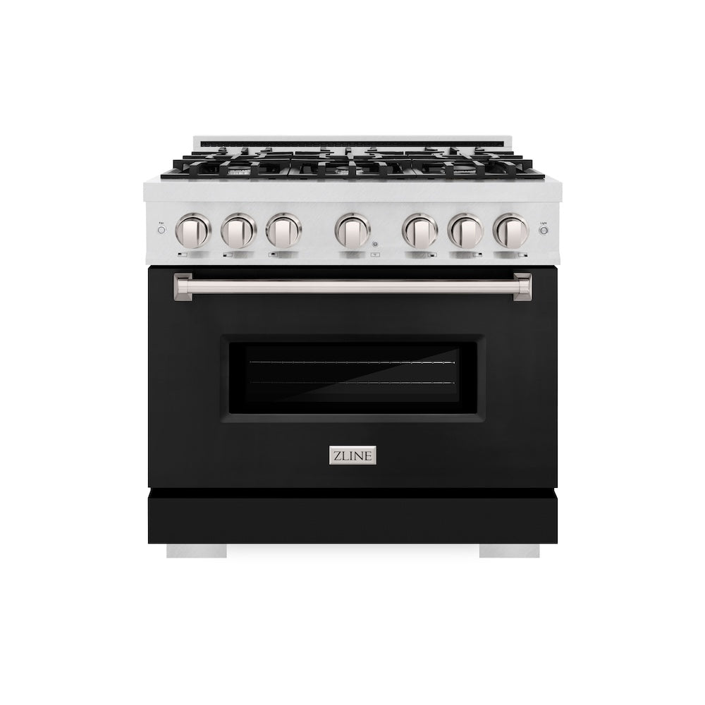 ZLINE Classic 36-inch range in satin stainless steel with black matte door CDRS-BLM-36, front view