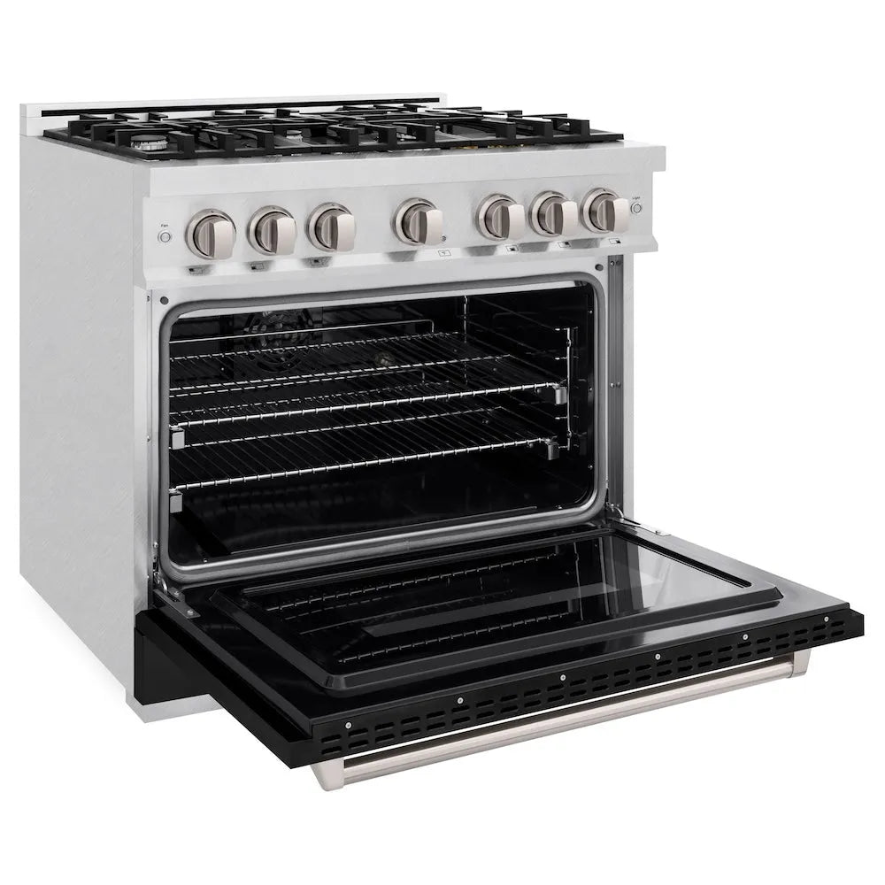 ZLINE Classic 36-inch range in satin stainless steel with black matte door CDRS-BLM-36, door open