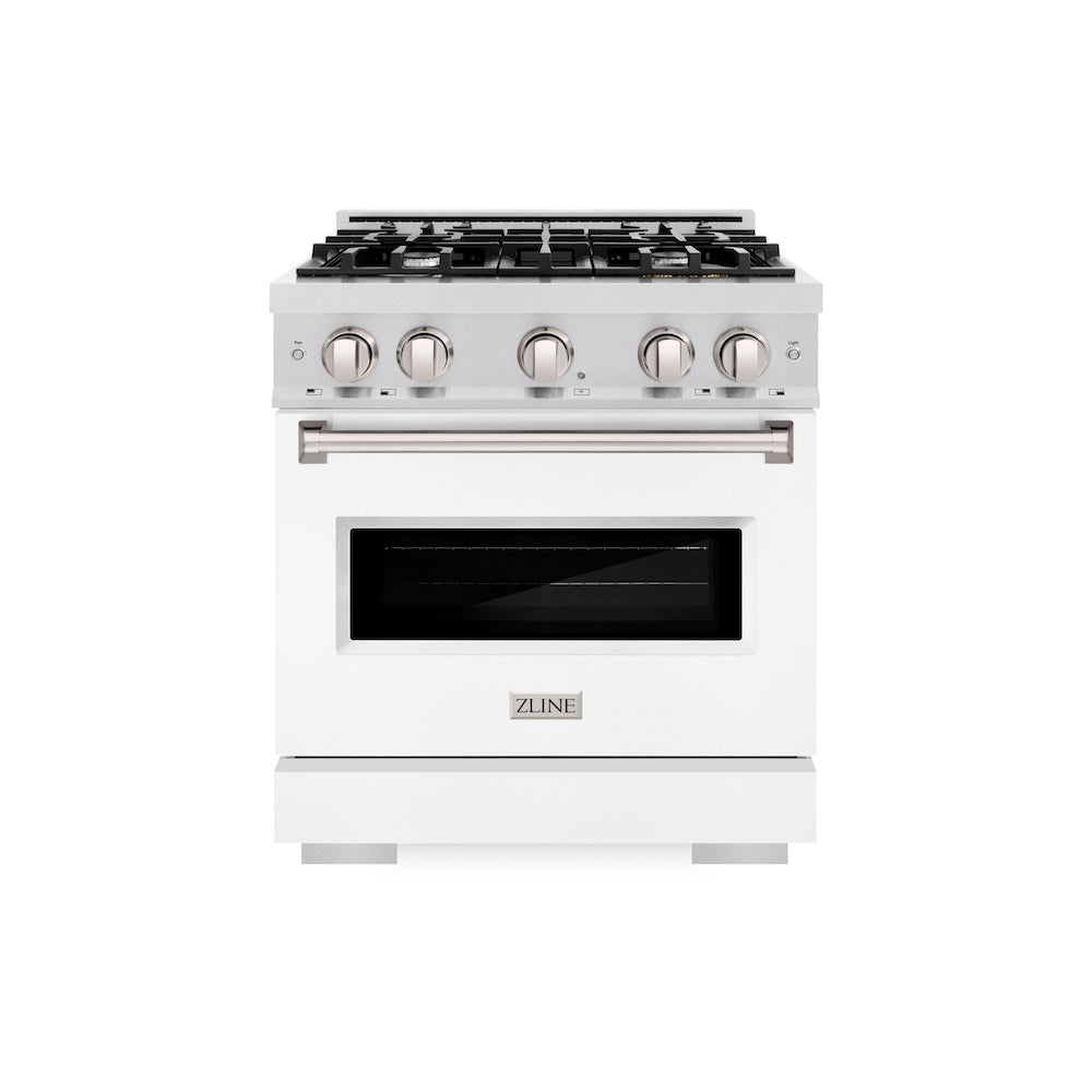 ZLINE Classic 30-inch range in satin stainless steel with white matte door CDRS-WM-30, front view