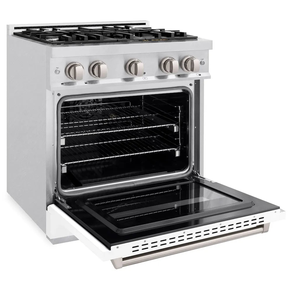 ZLINE Classic 30-inch range in satin stainless steel with white matte door CDRS-WM-30, door open