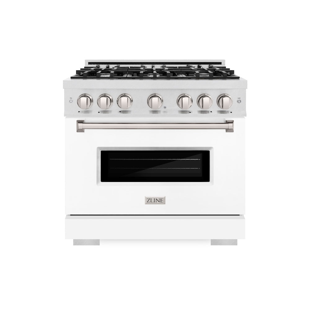 ZLINE Classic 36-inch range in satin stainless steel with white matte door CDRS-WM-36, front view