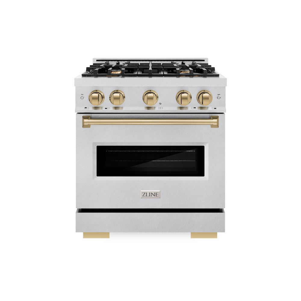 ZLINE Autograph Edition Classic 30-inch range in satin stainless steel and champagne bronze accents CDRSZ-30-CB, front view