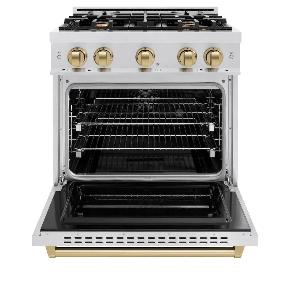 ZLINE Autograph Edition Classic 30-inch range in satin stainless steel and champagne bronze accents CDRSZ-30-CB, front view
