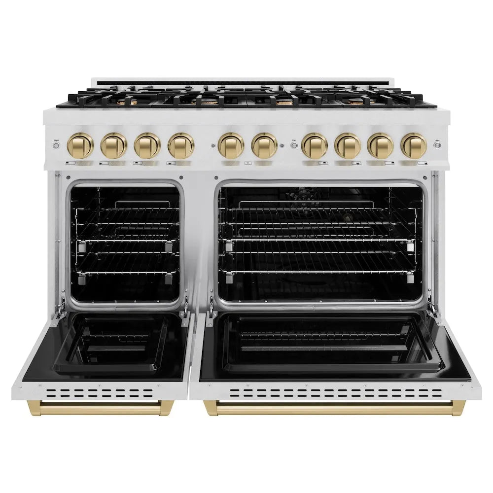 ZLINE Autograph Edition Classic 48-inch range in satin stainless steel and champagne bronze accents CDRSZ-48-CB, front view
