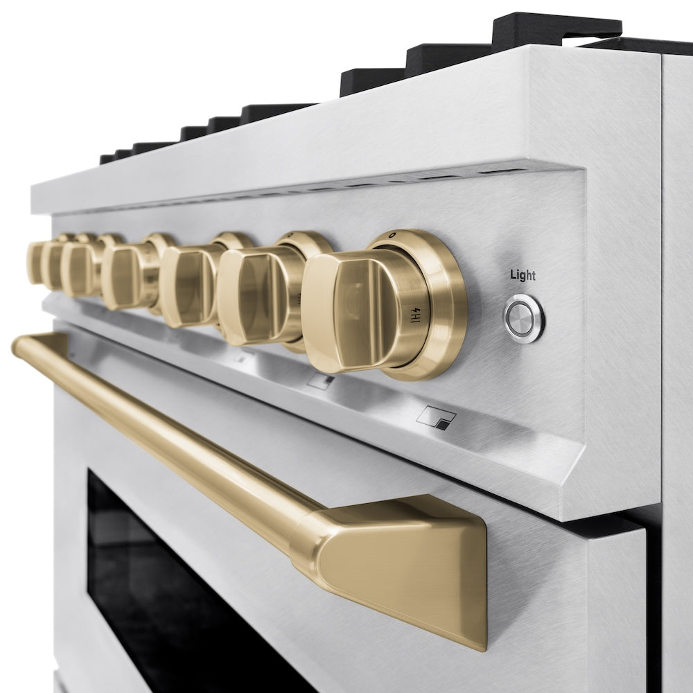 ZLINE Autograph Edition Classic 36-inch range in satin stainless steel and champagne bronze accents CDRSZ-36-CB, detail