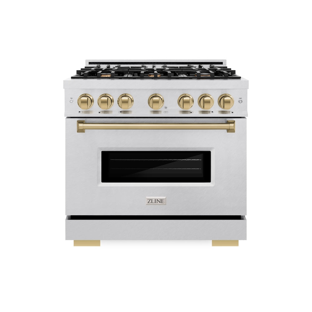 ZLINE Autograph Edition Classic 36-inch range in satin stainless steel and champagne bronze accents CDRSZ-36-CB, front view