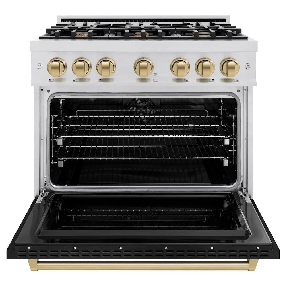ZLINE Autograph Edition Classic 36-inch range in satin stainless steel with black matte door and champagne bronze accents CDRSZ-BLM-36-CB, front view