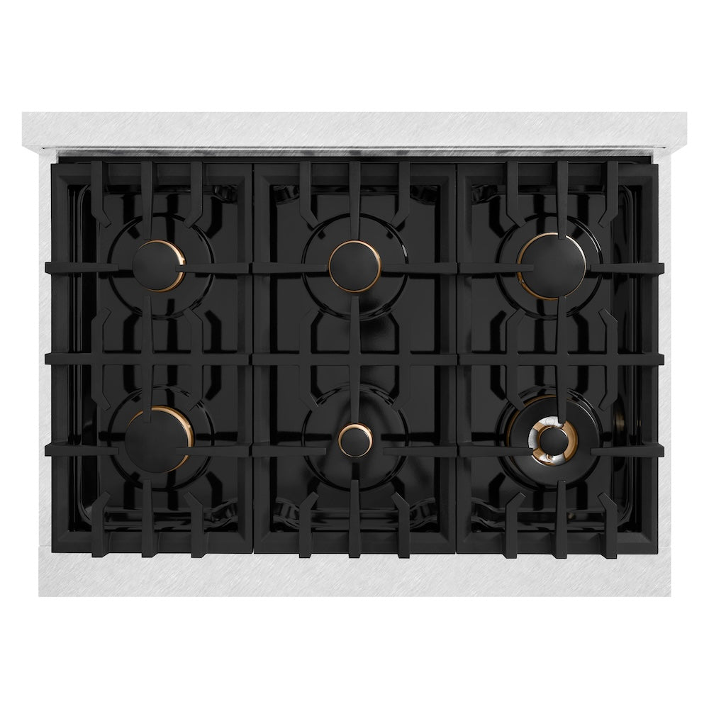 ZLINE Autograph Edition Classic 36-inch range in satin stainless steel with black matte door and champagne bronze accents CDRSZ-BLM-36-CB, from above