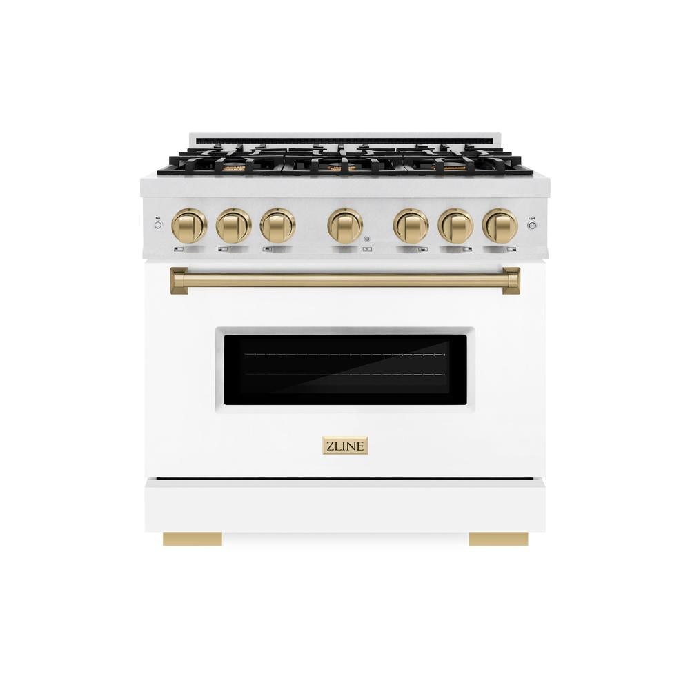 ZLINE Autograph Edition Classic 36-inch range in satin stainless steel with white matte door and champagne bronze accents CDRSZ-WM-36-CB, front view