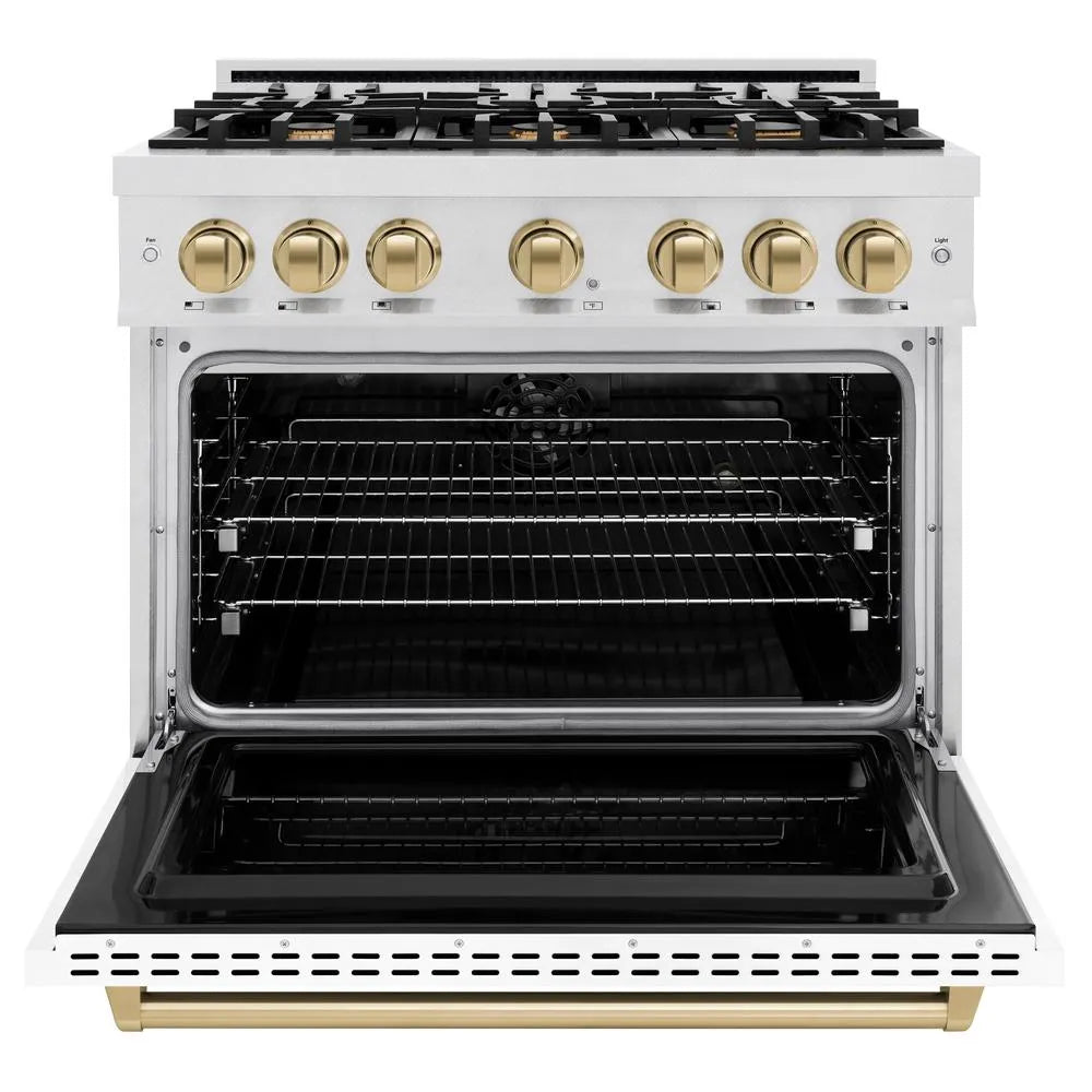 ZLINE Autograph Edition Classic 36-inch range in satin stainless steel with white matte door and champagne bronze accents CDRSZ-WM-36-CB, front view