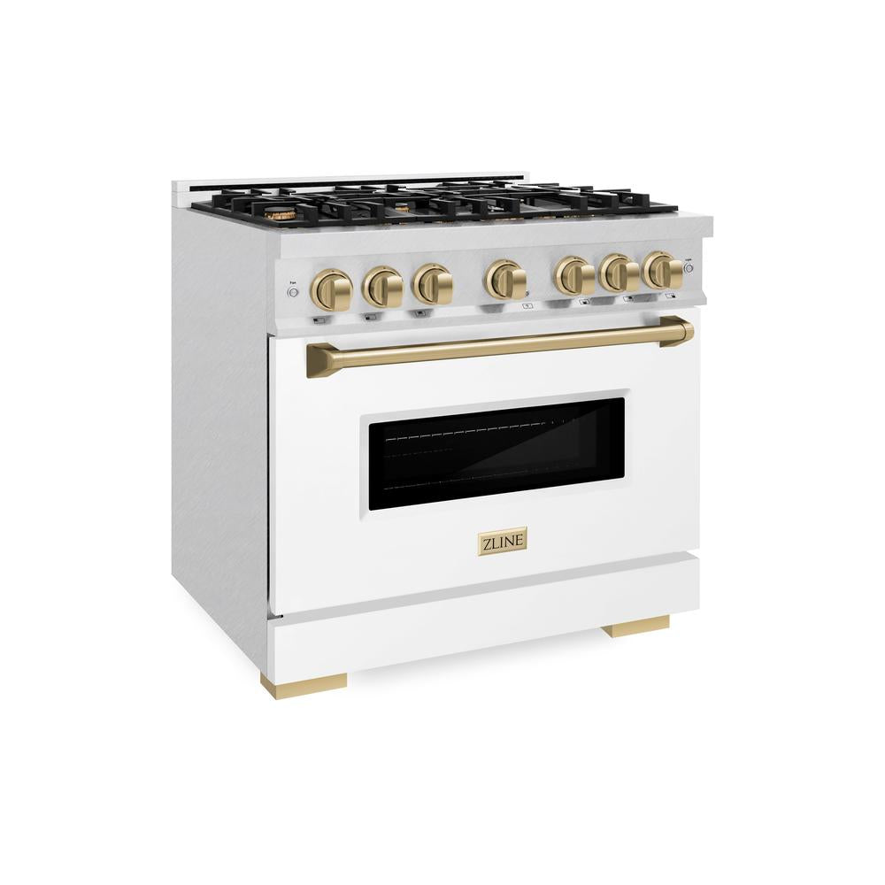 ZLINE Autograph Edition Classic 36-inch range in satin stainless steel with white matte door and champagne bronze accents CDRSZ-WM-36-CB
