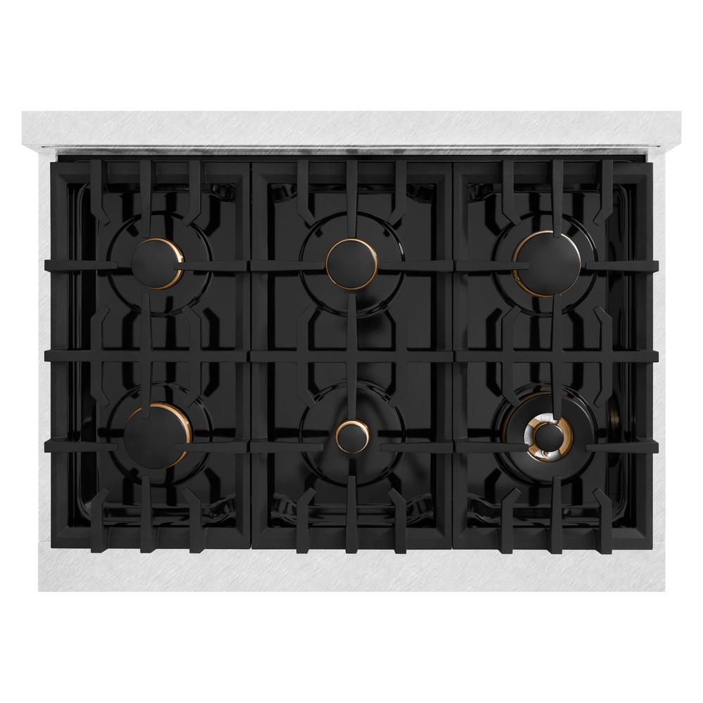 ZLINE Autograph Edition Classic 36-inch range in satin stainless steel with white matte door and champagne bronze accents CDRSZ-WM-36-CB, from above