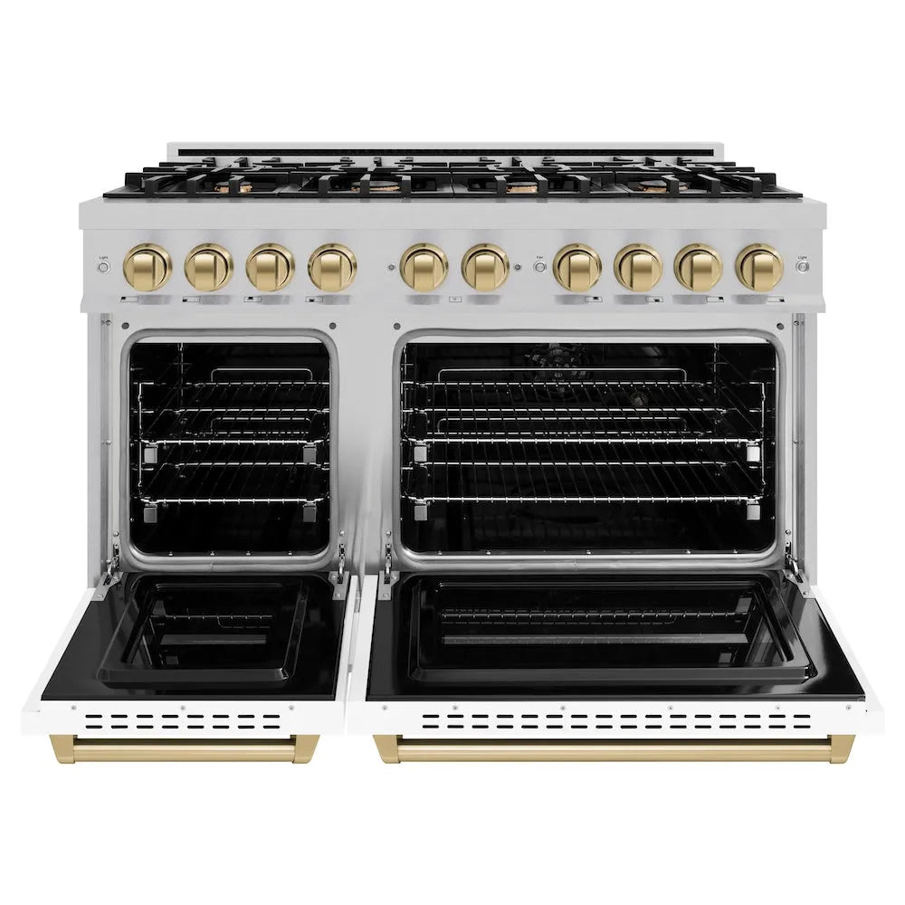 ZLINE Autograph Edition Classic 48-inch range in satin stainless steel with white matte door and champagne bronze accents CDRSZ-WM-48-CB, front view