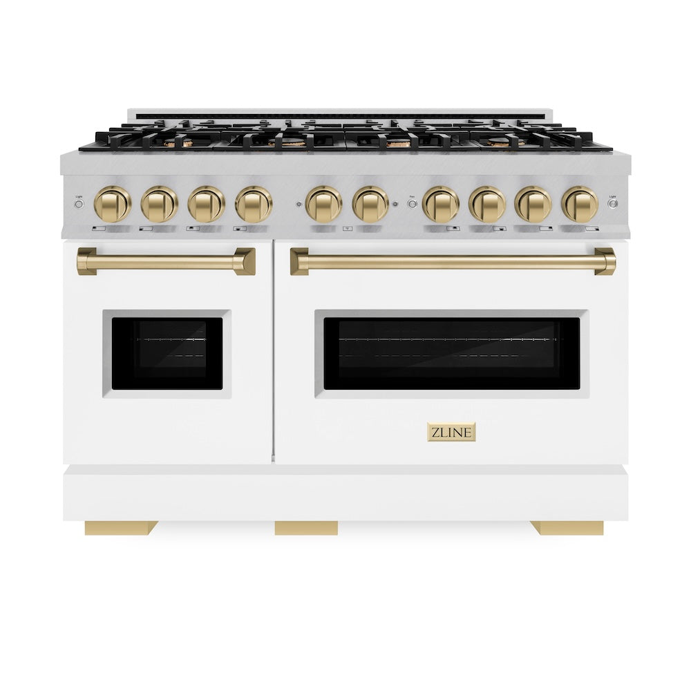 ZLINE Autograph Edition Classic 48-inch range in satin stainless steel with white matte door and champagne bronze accents CDRSZ-WM-48-CB, front view
