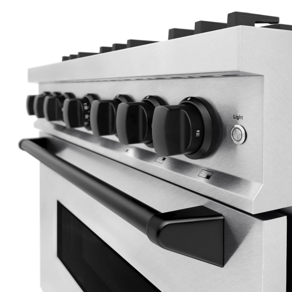 ZLINE Autograph Edition Classic 36-inch range in satin stainless steel and matte black accents CDRSZ-36-MB, detail
