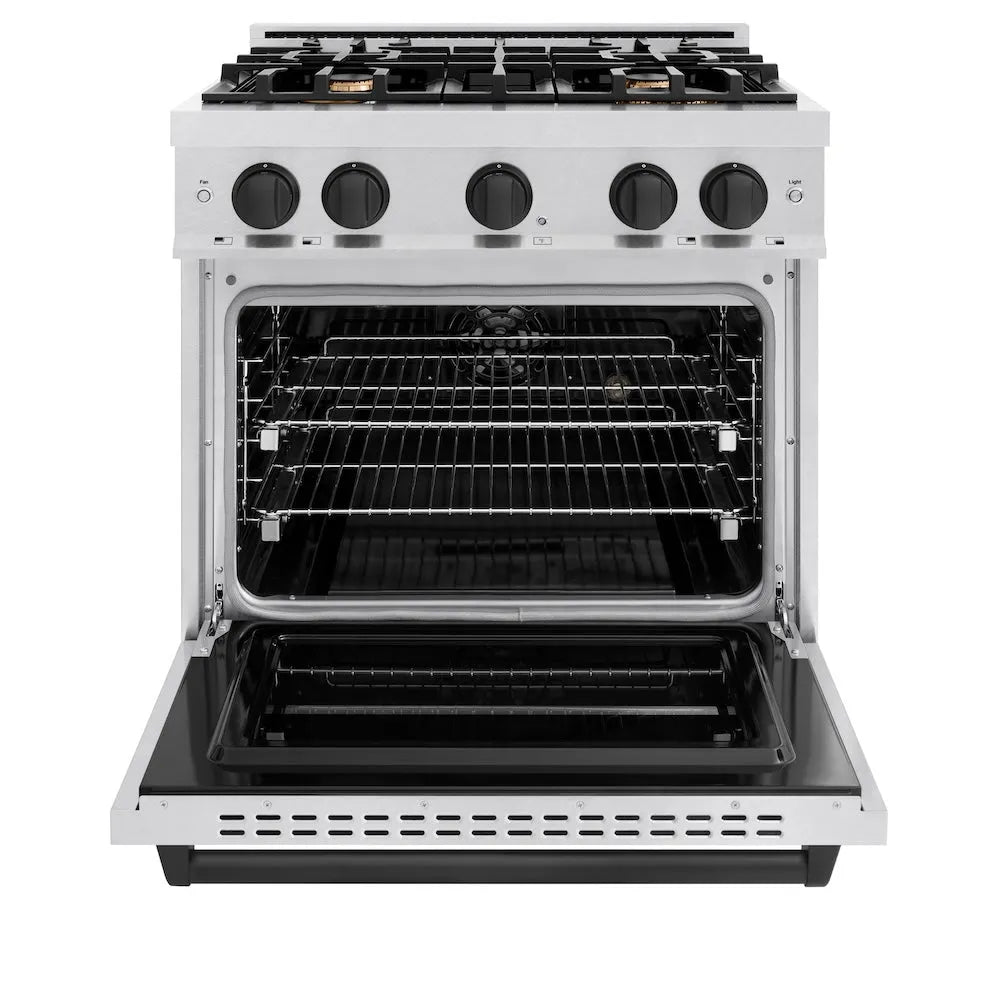 ZLINE Autograph Edition Classic 30-inch range in satin stainless steel and matte black accents CDRSZ-30-MB, front view
