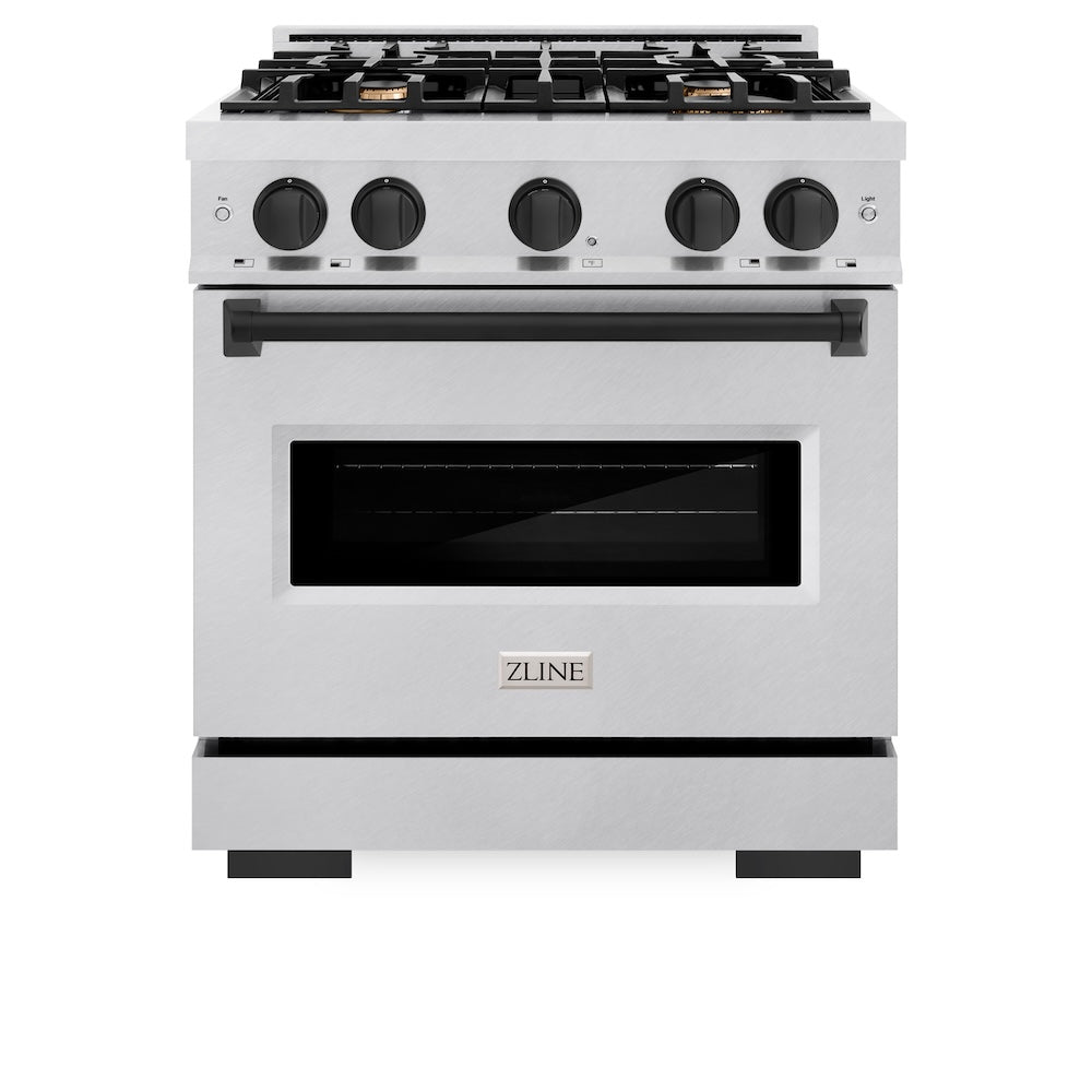 ZLINE Autograph Edition Classic 30-inch range in satin stainless steel and matte black accents CDRSZ-30-MB, front view