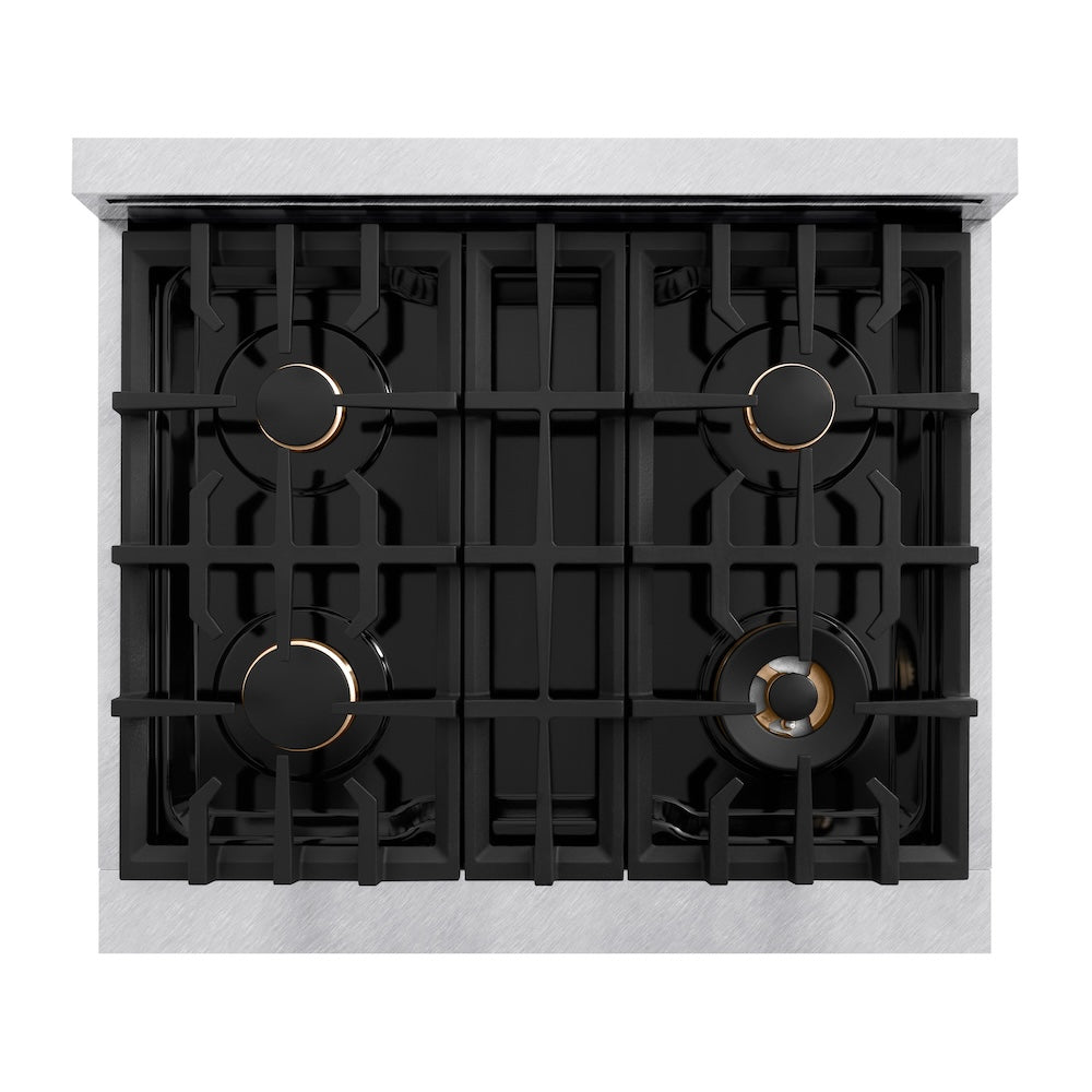 ZLINE Autograph Edition Classic 30-inch range in satin stainless steel and matte black accents CDRSZ-30-MB, from above