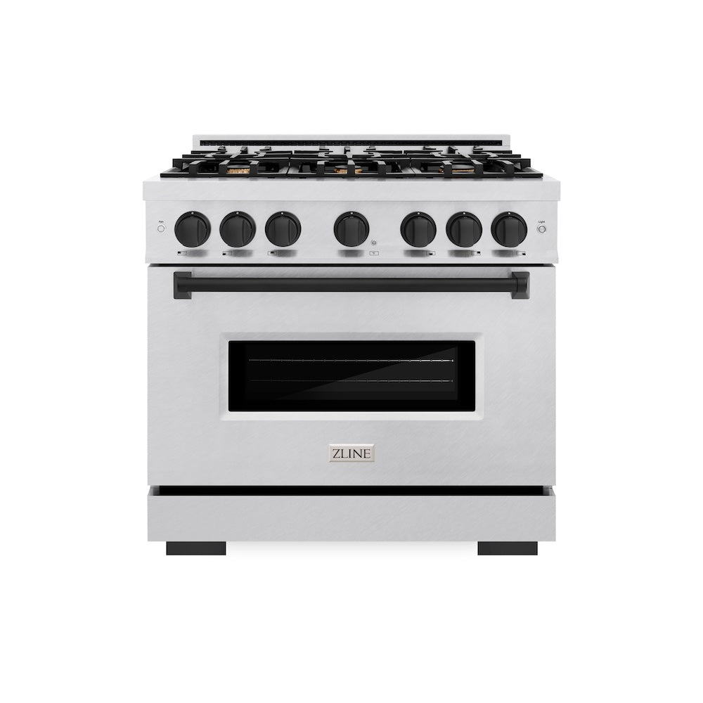 ZLINE Autograph Edition Classic 36-inch range in satin stainless steel and matte black accents CDRSZ-36-MB, front view