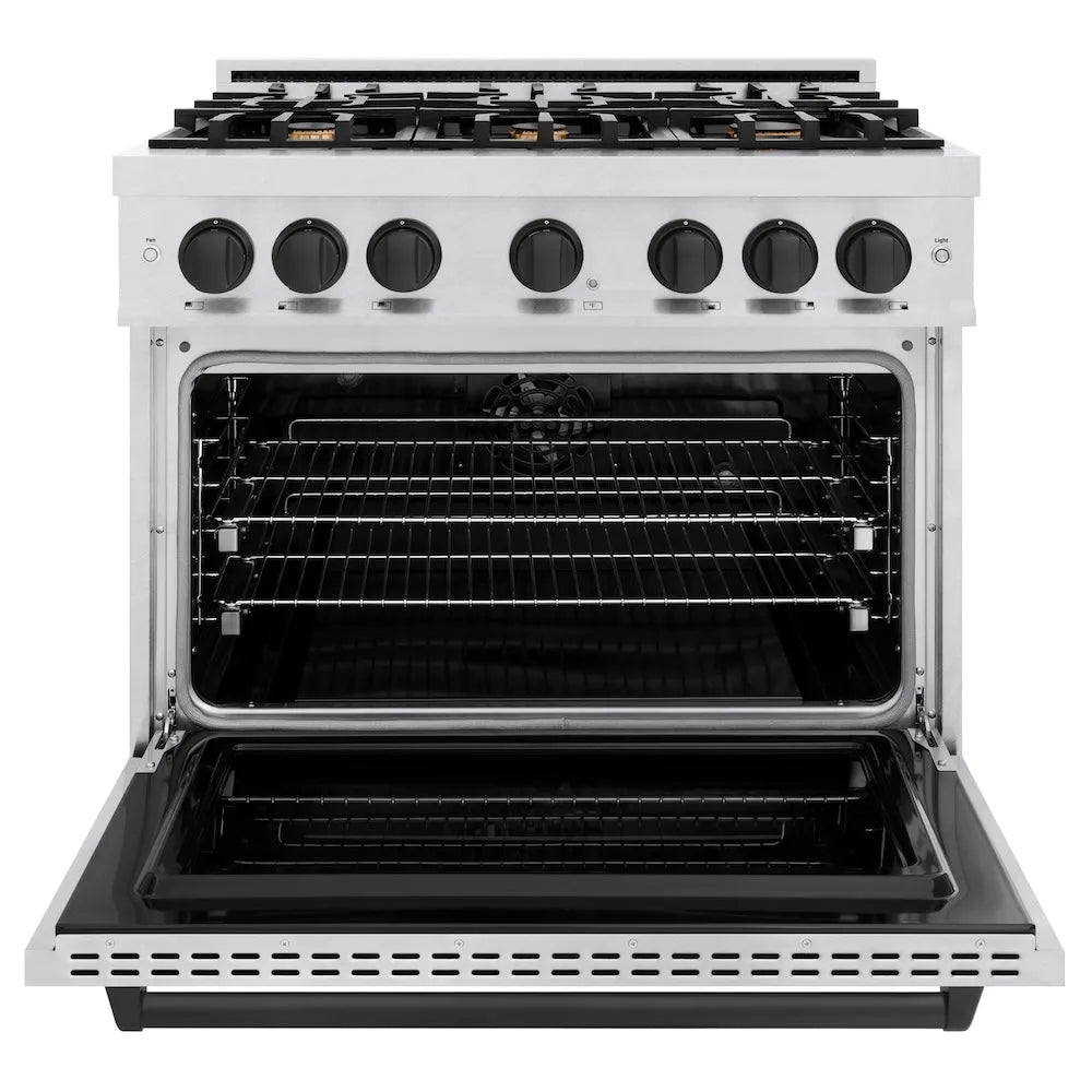 ZLINE Autograph Edition Classic 36-inch range in satin stainless steel and matte black accents CDRSZ-36-MB, front view