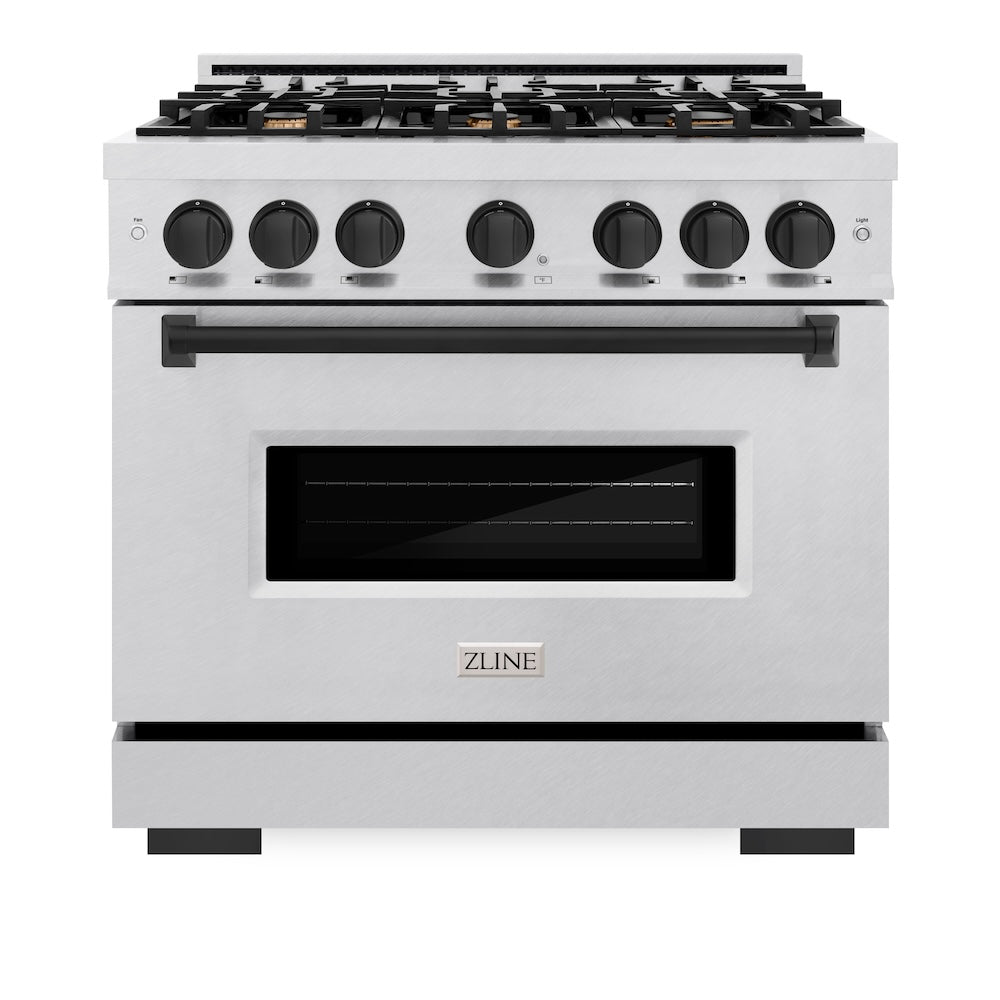 ZLINE Autograph Edition Classic 36-inch range in satin stainless steel and matte black accents CDRSZ-36-MB, front view