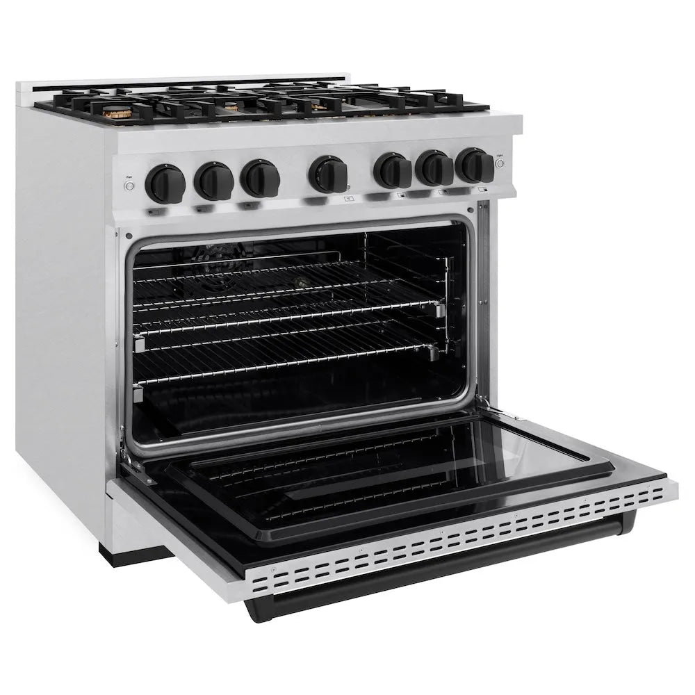 ZLINE Autograph Edition Classic 36-inch range in satin stainless steel and matte black accents CDRSZ-36-MB, door open
