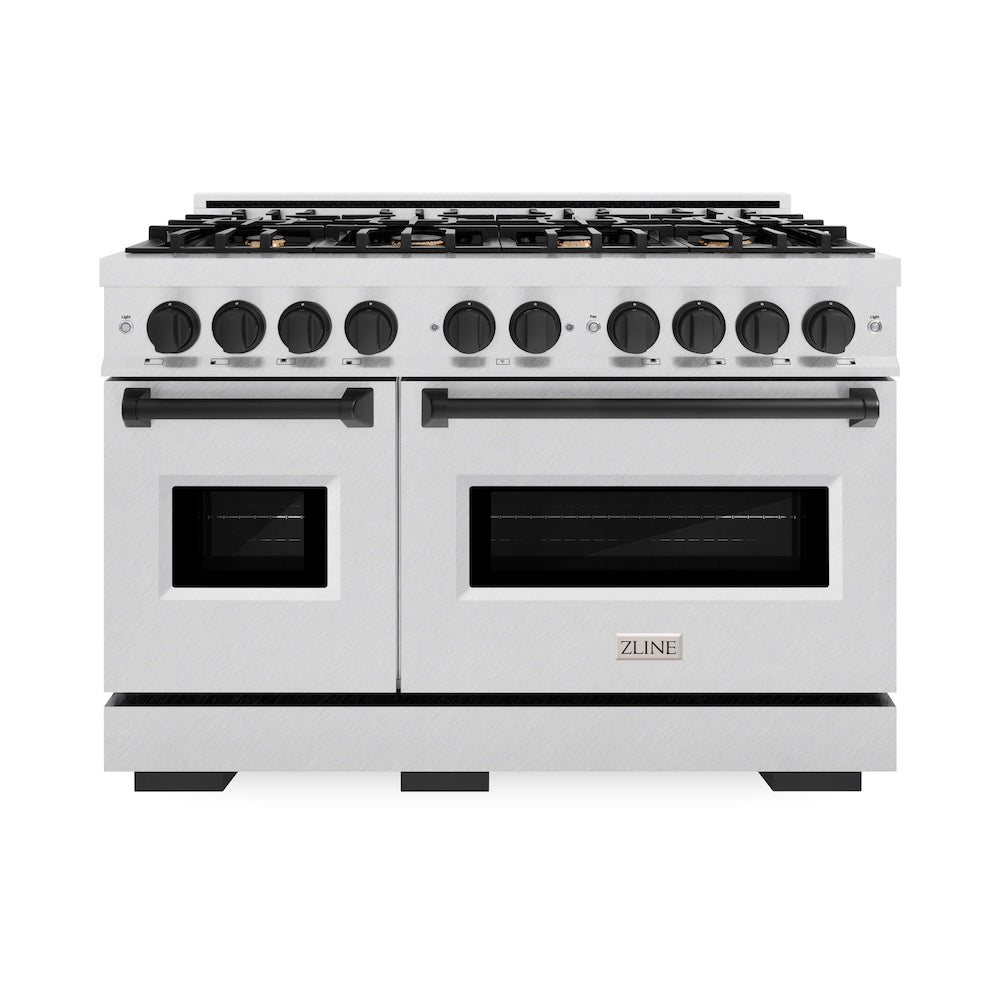 ZLINE Autograph Edition Classic 48-inch range in satin stainless steel and matte black accents CDRSZ-48-MB, front view