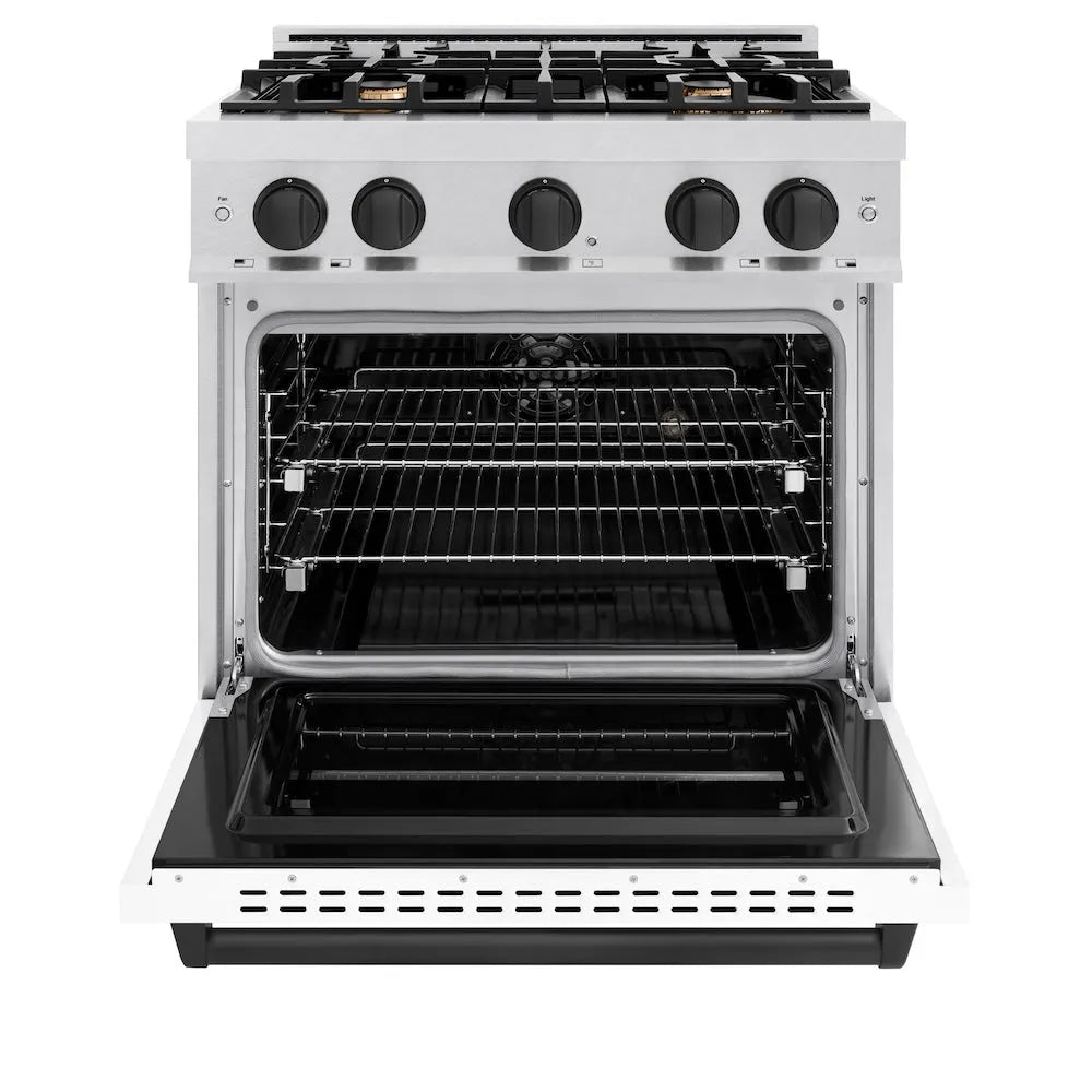 ZLINE Autograph Edition Classic 30-inch range in satin stainless steel with white matte door and matte black accents CDRSZ-WM-30-MB, front view